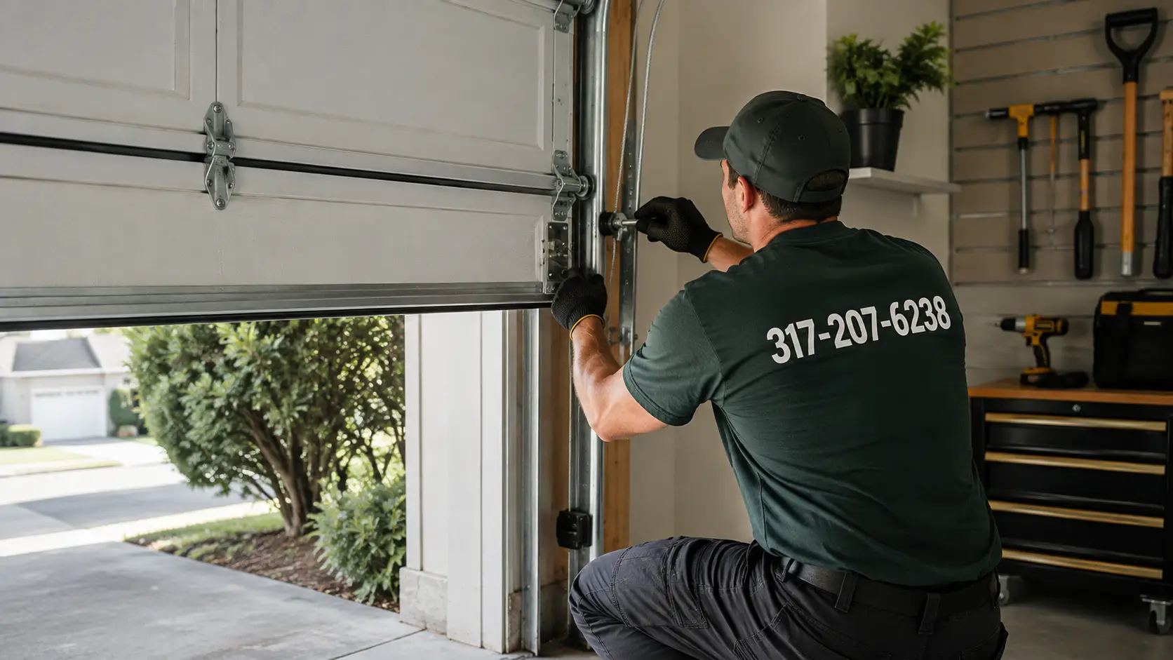 Garage door technician inspecting unusual movement rollers tracks cables and springs in Greenfield Indiana