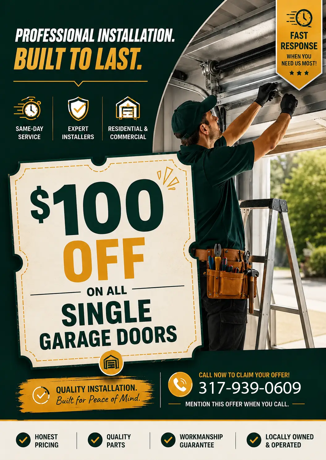 100 dollars off all single garage doors installation coupon from Greenfield Garage Door Pro