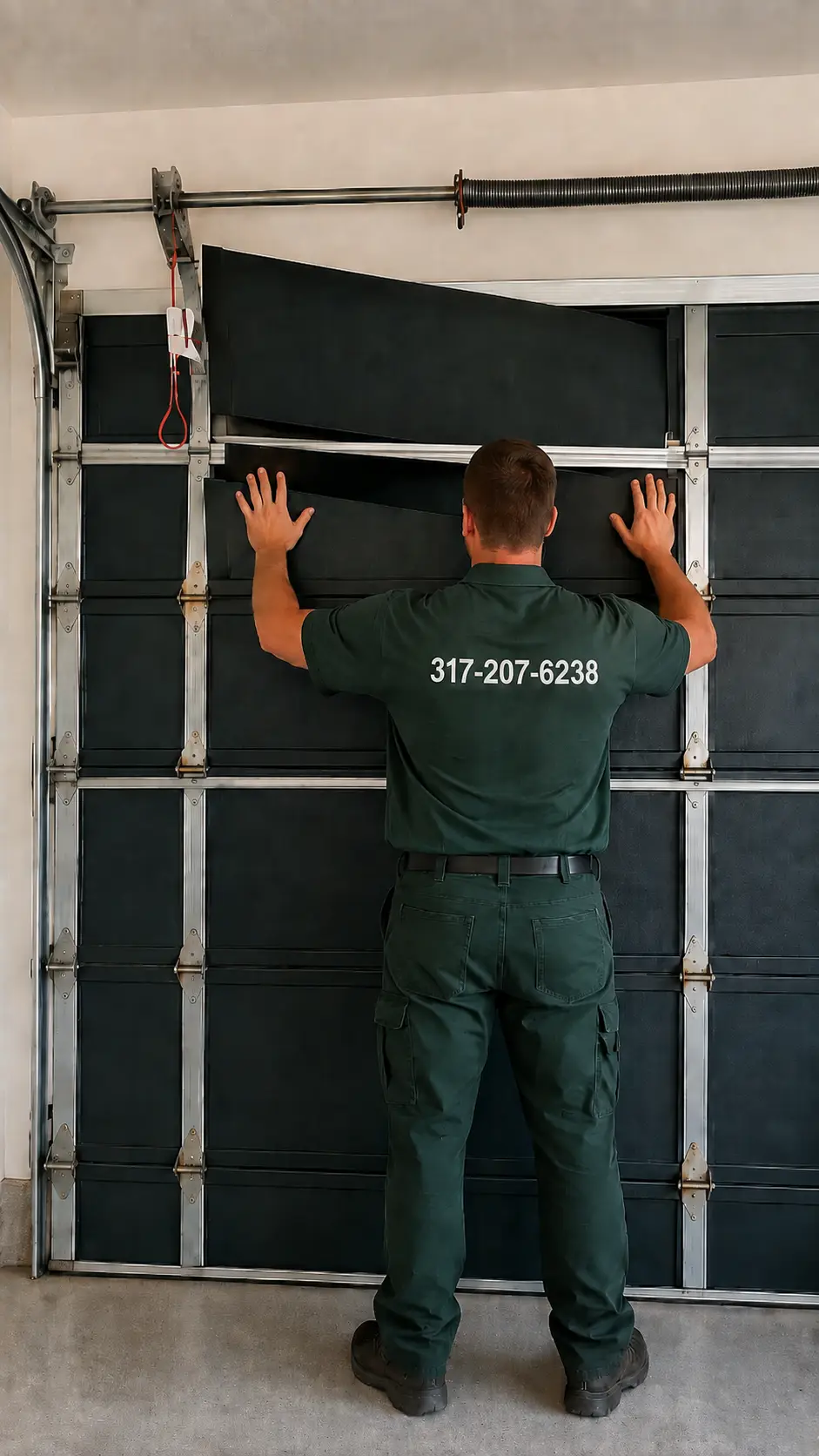 Garage door technician inspecting insulated sectional door panels and installation hardware in Greenfield Indiana