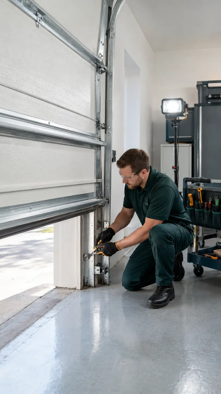 Residential garage door technician checking opening measurements tracks springs clearance and opener compatibility in Greenfield Indiana