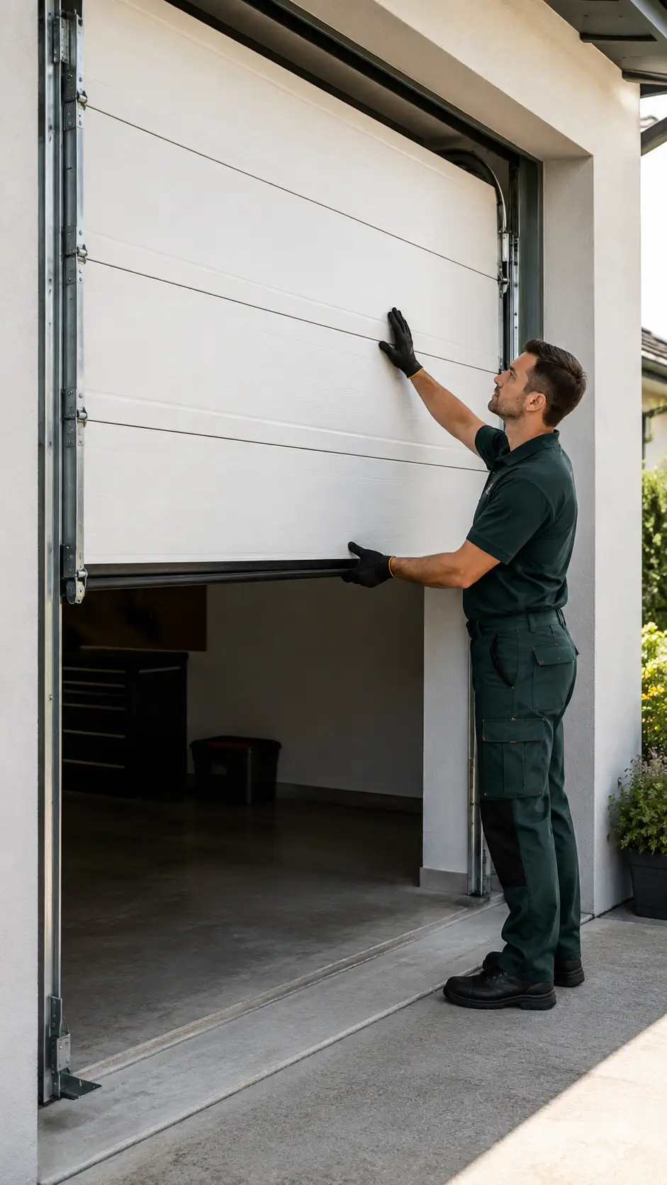 Residential garage door showing changes in movement alignment and operation at a Greenfield Indiana home