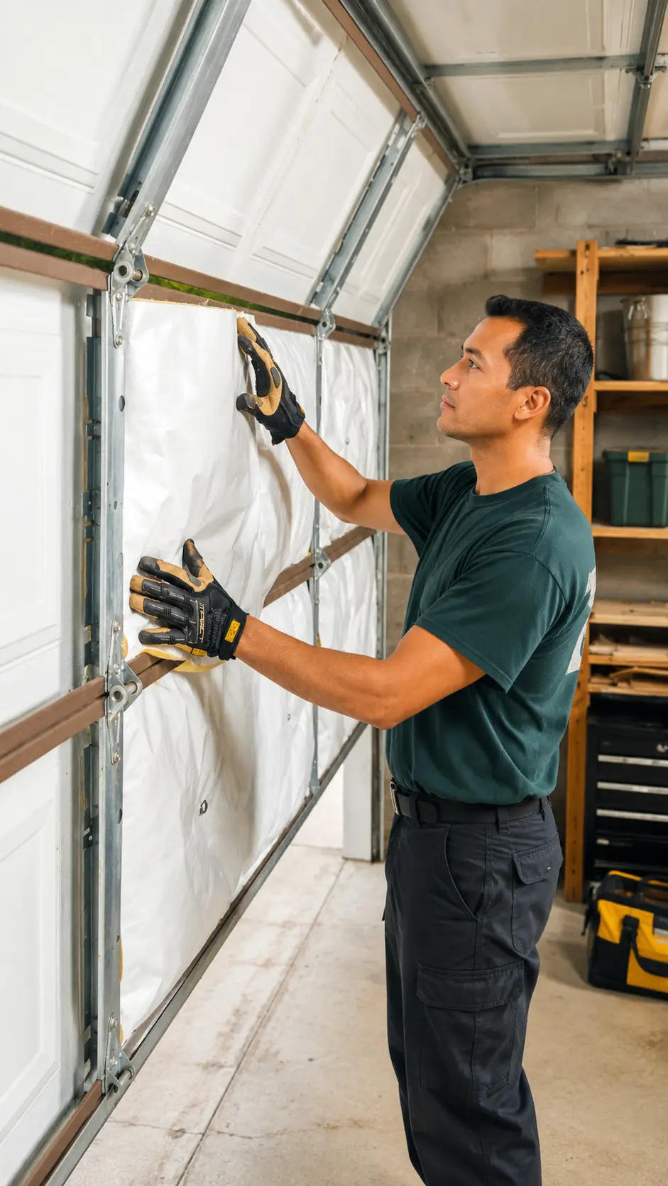 Residential garage door technician evaluating construction insulation dimensions and opener compatibility at a Greenfield Indiana home