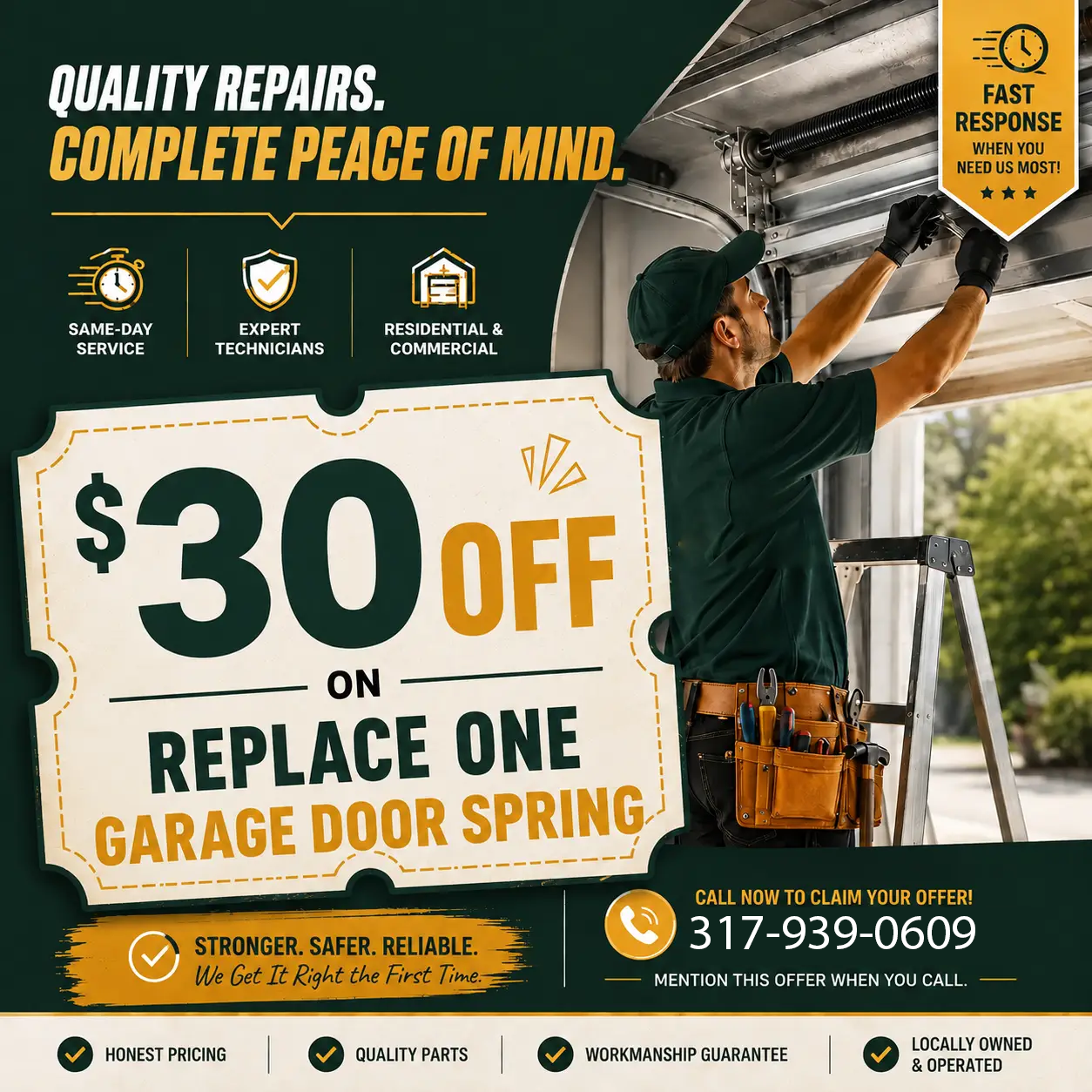 30 dollars off one garage door spring replacement coupon from Greenfield Garage Door Pro