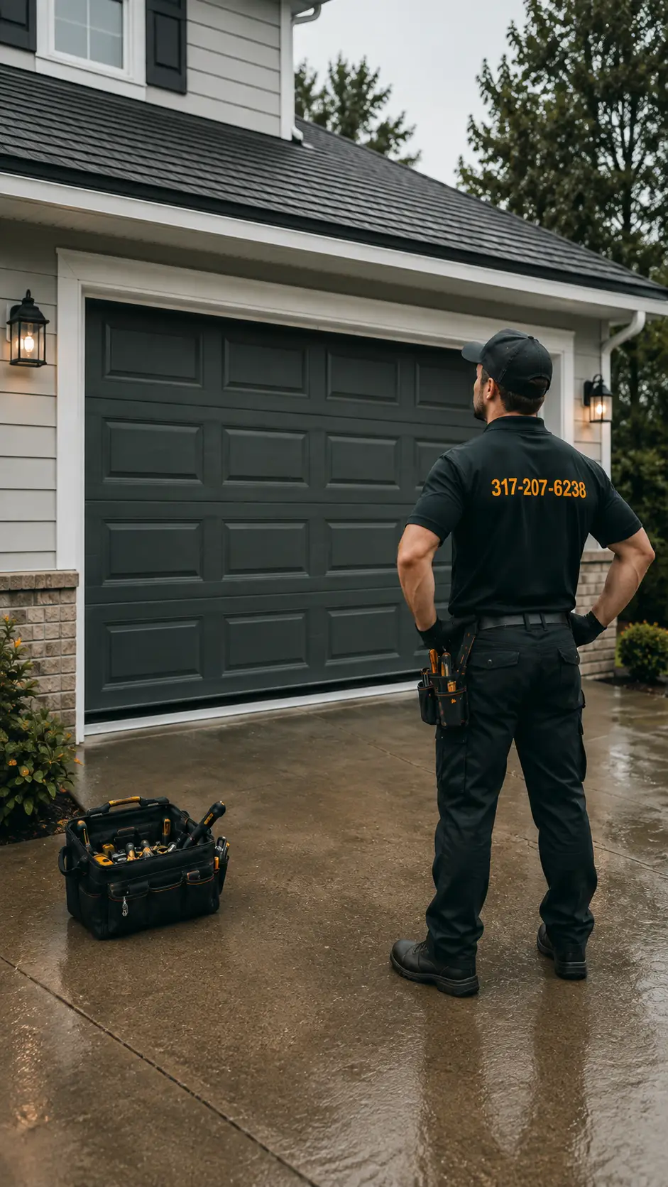 Technician assessing a garage door stuck closed and blocking vehicle access in Greenfield Indiana